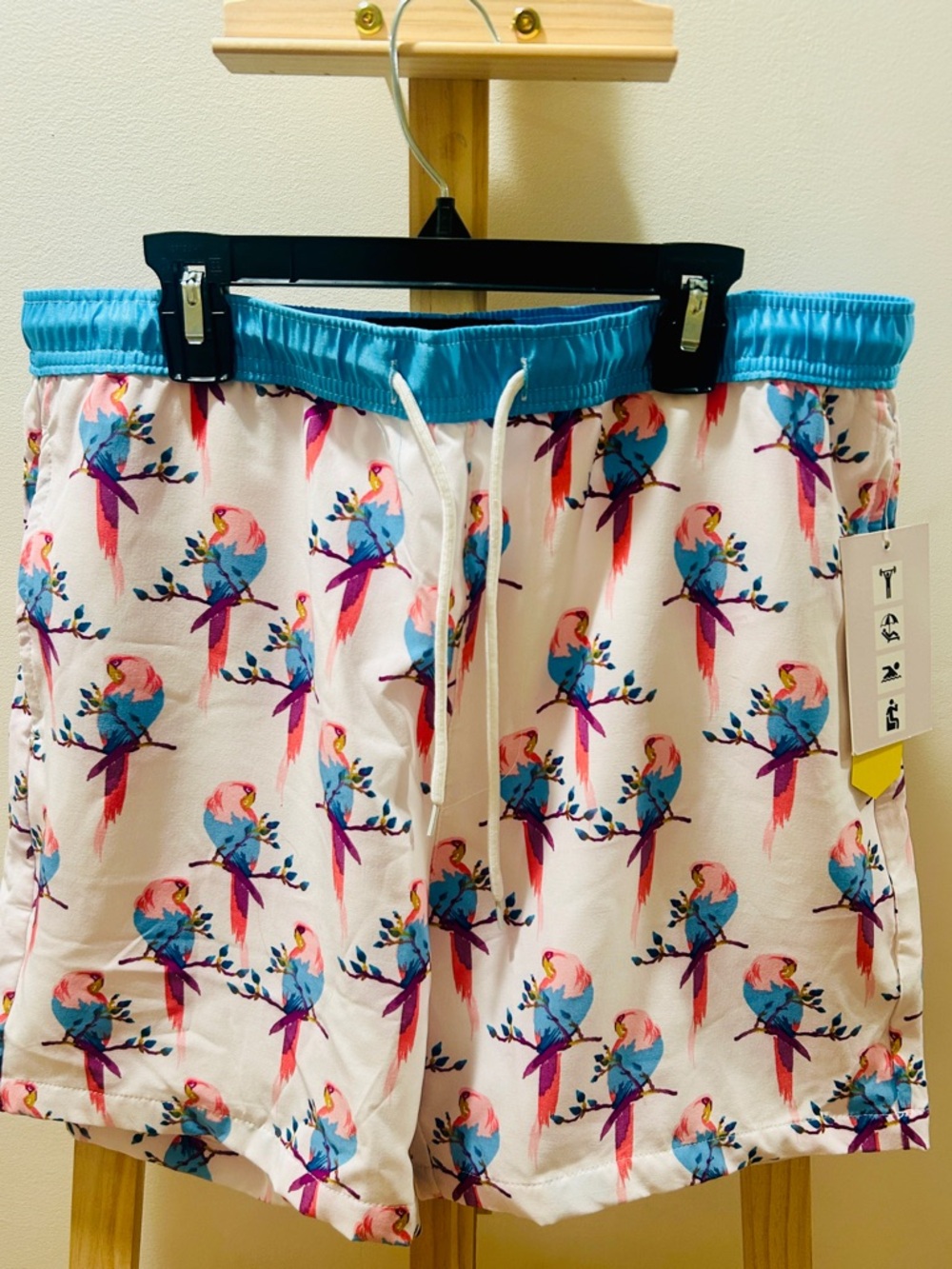 Public Record Mens L Drawstring short Swim Short  Bird Print Tropical Parrot NWT